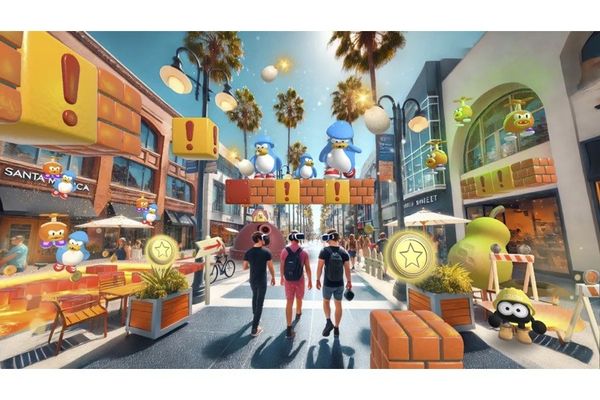 People walk on a street with virtual gaming elements and colorful characters.