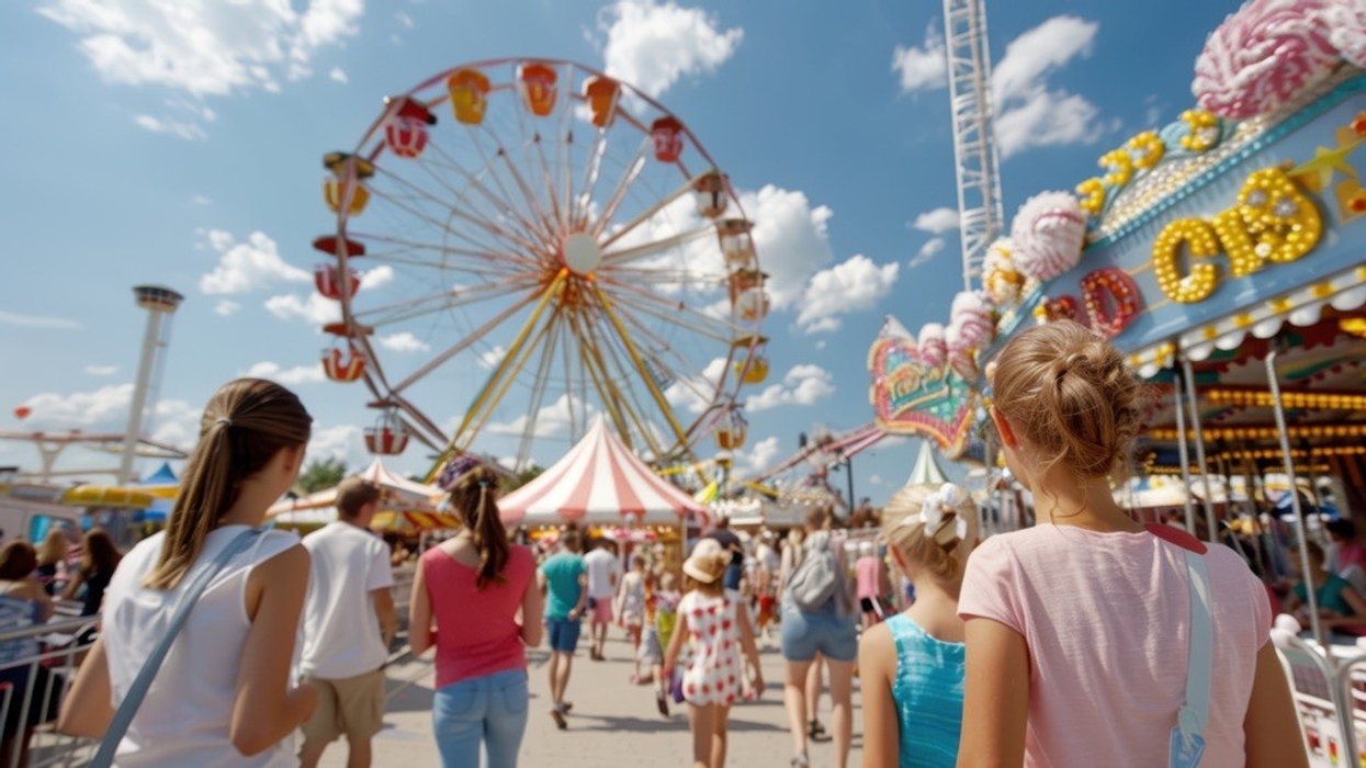 People walking towards a Ferris wheel at a lively carnival under a blue sky.
