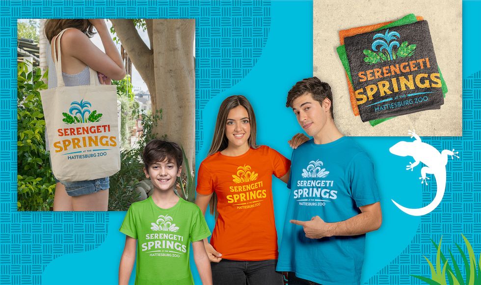 People wearing Serengeti Springs t-shirts; tote bag and towels displayed.