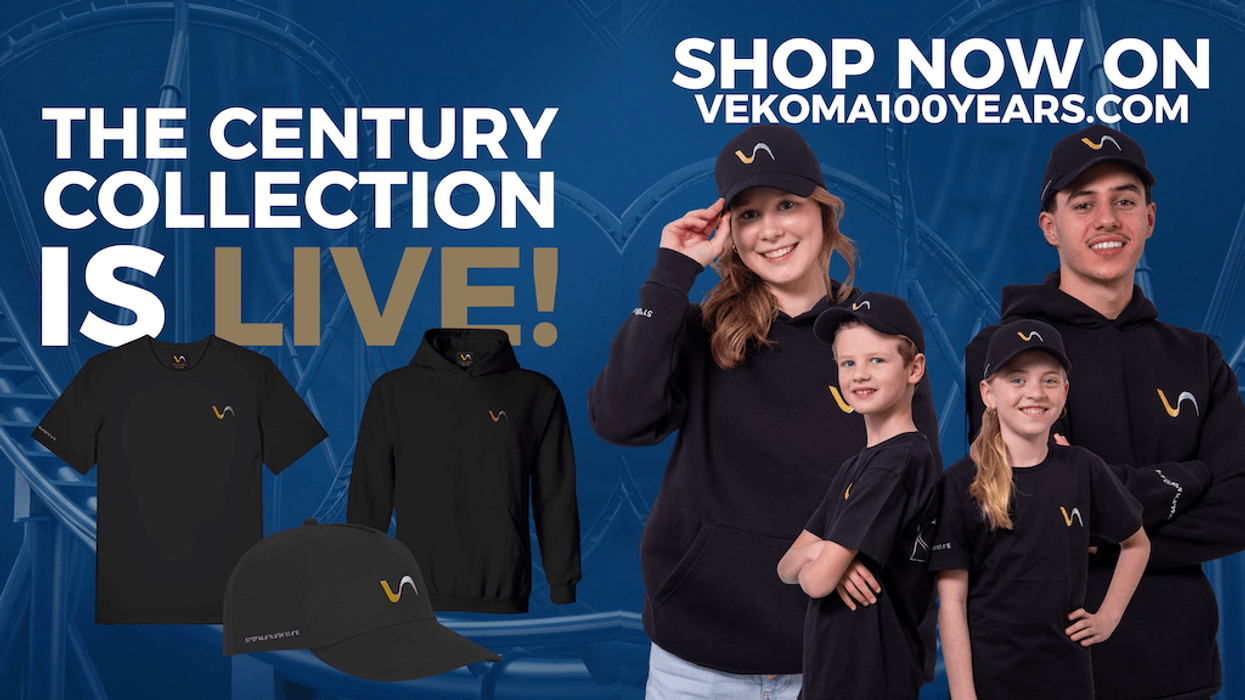 People wearing Vekoma apparel, promoting "The Century Collection" online.