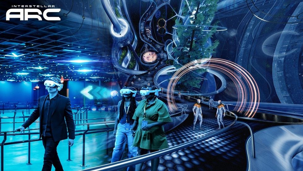 People wearing VR headsets in a futuristic, digital space-themed environment.