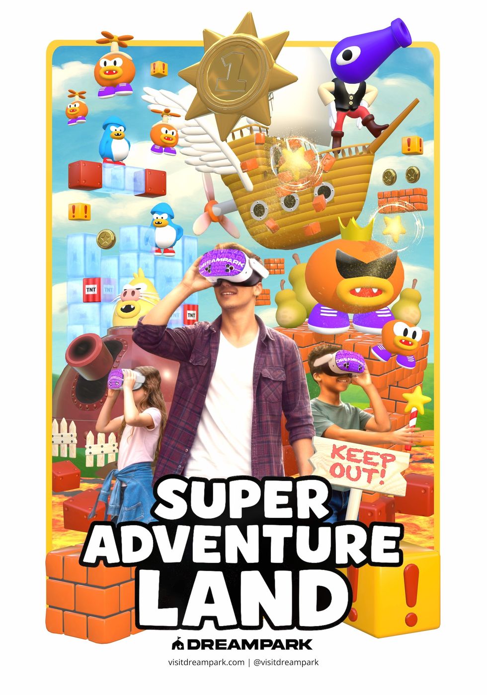 People wearing VR headsets in colorful, cartoon-themed "Super Adventure Land" environment.