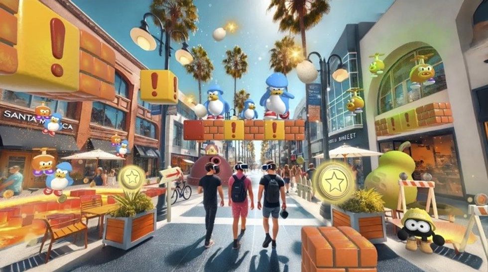 People wearing VR headsets walk through a virtual game world on a sunny street.