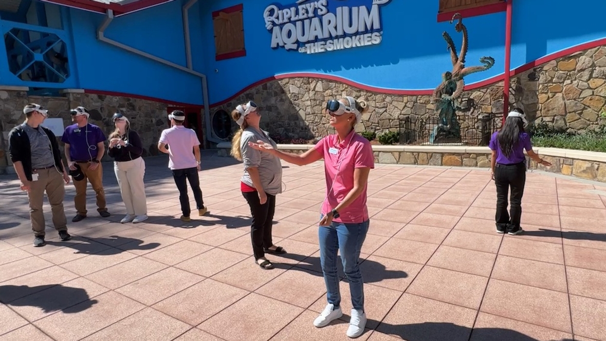 People with VR headsets outside Ripley's Aquarium of the Smokies.