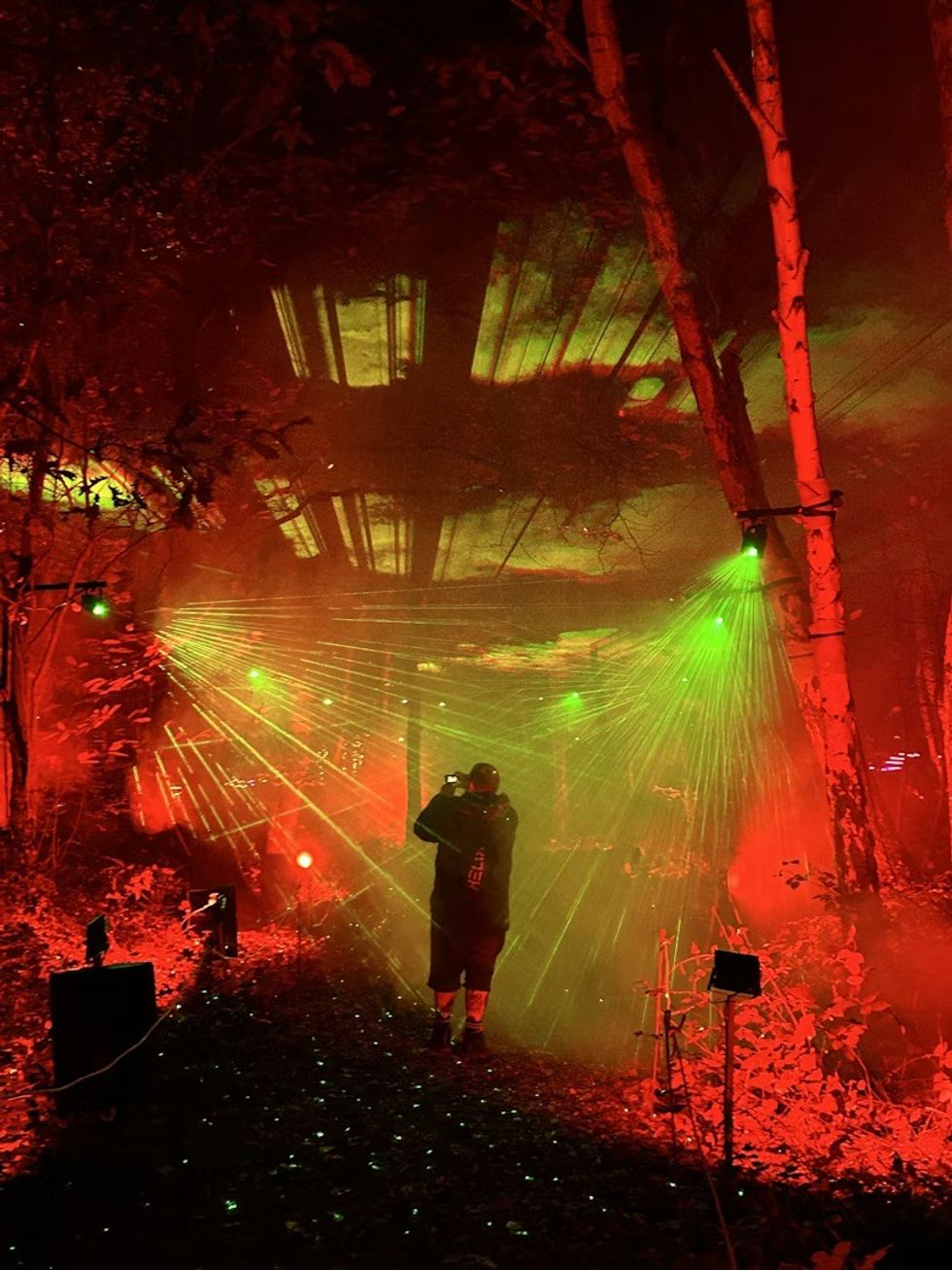 Person amidst vibrant forest laser show with red and green lighting effects.