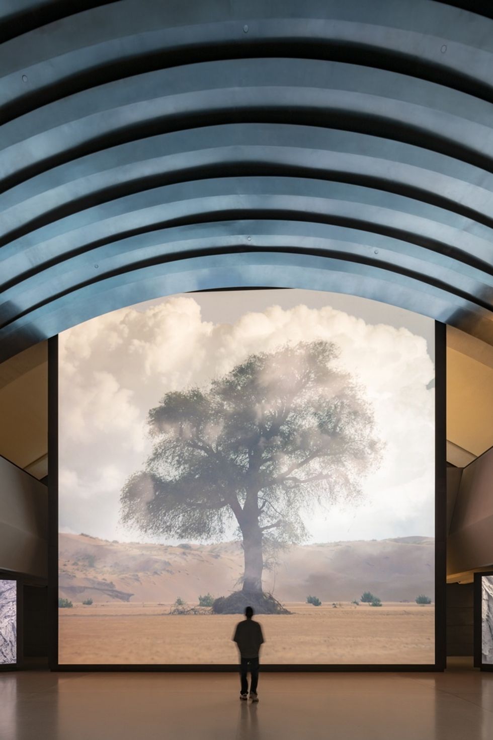 Person gazes at a massive screen displaying a lone tree against a desert backdrop indoors at Zayed National Museum.