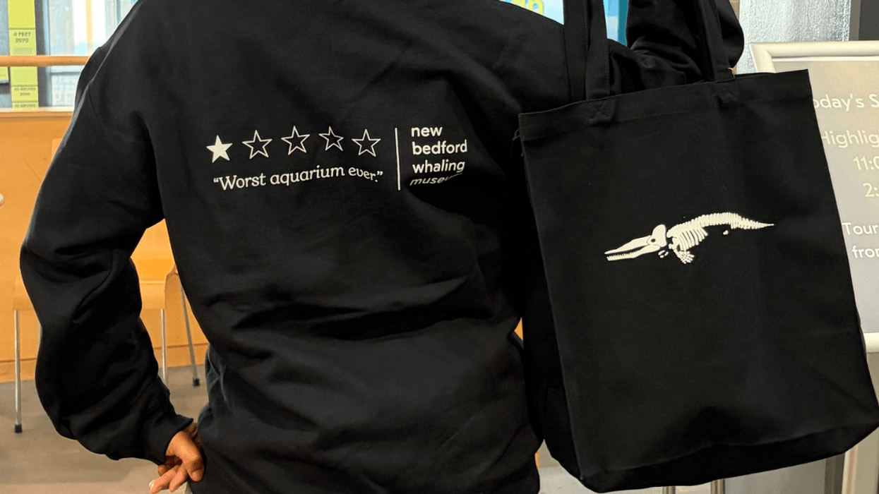 Person in a black sweatshirt with "Worst aquarium ever" and a tote featuring a whale skeleton.