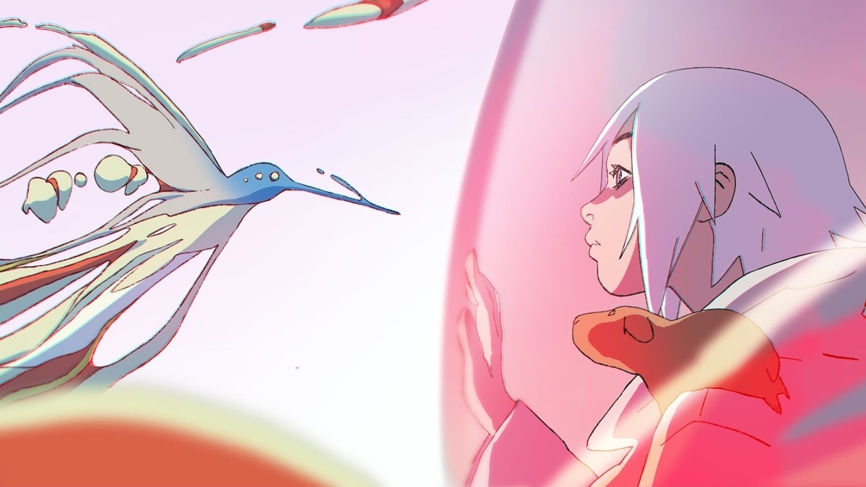 Person in a hood gazes at a stylized bird-like creature in a vibrant, ethereal setting.