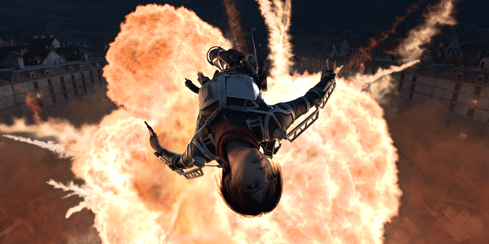 Person in combat gear leaps from fiery explosion in dark cityscape.