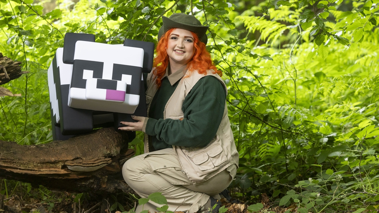 Person in costume with Minecraft animal in lush green forest.