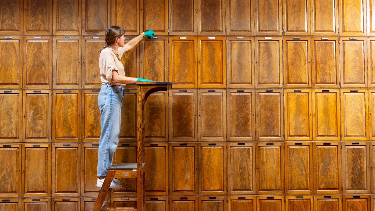 Person in gloves on a ladder organizing tall wooden cabinets at the Natural History Museum