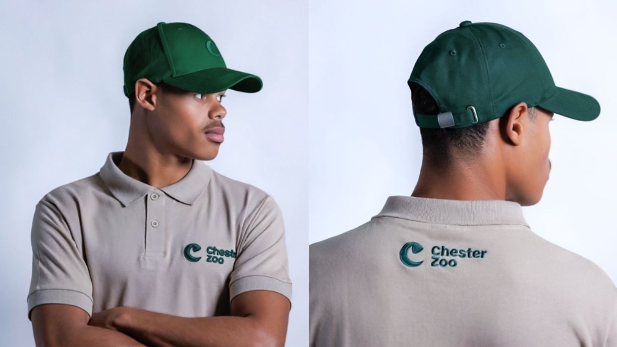 Person in green cap and sage Chester Zoo shirt, front and back views.