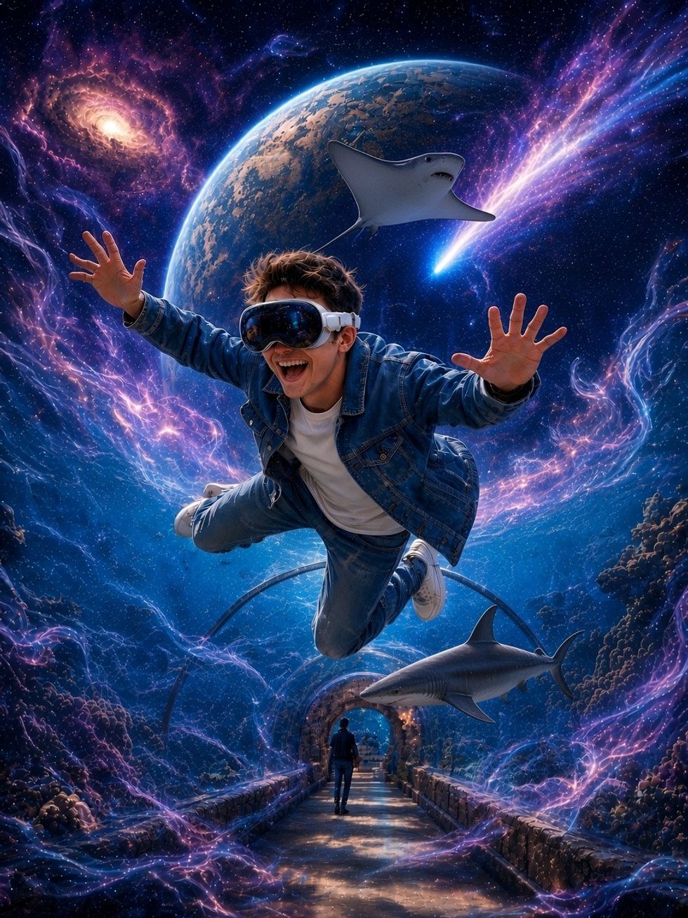 Person in VR headset floats in cosmic ocean scene with sharks and planets at Ripley's Aquarium of the Smokies.