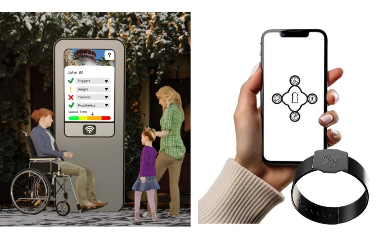 Person in wheelchair and family at kiosk; hand holding phone with symbols; smart wristband, using AccessPro