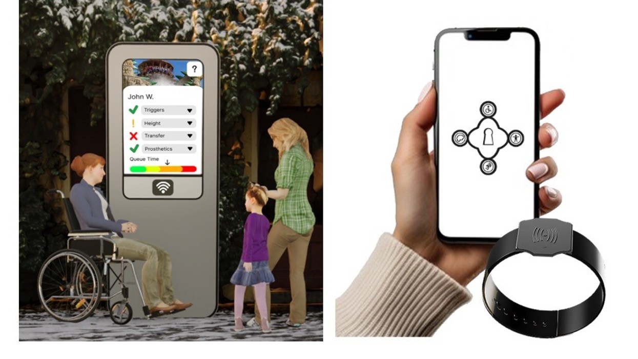 Person in wheelchair and family at kiosk; hand holding phone with symbols; smart wristband, using AccessPro