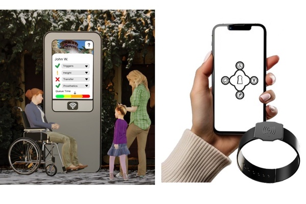 Person in wheelchair and family at kiosk; hand holding phone with symbols; smart wristband, using AccessPro