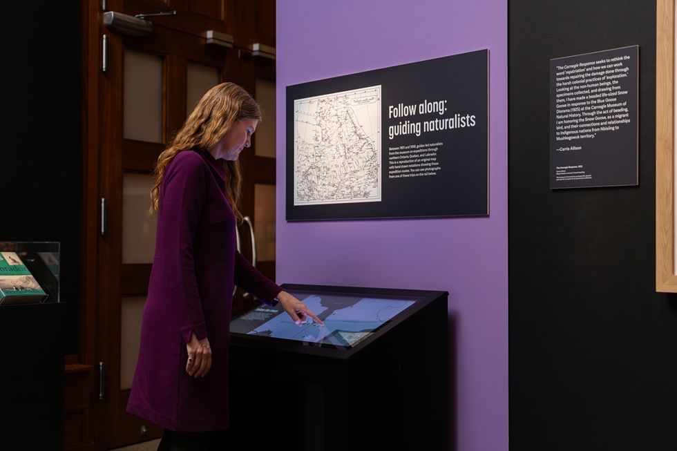 Person interacting with a touchscreen in a museum exhibit.