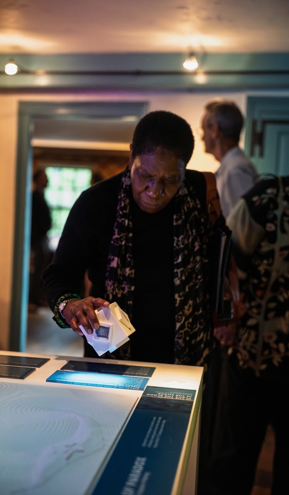 Person interacting with an illuminated display at the Edward W. Kane & Martha J. Wallace Center for Black History.