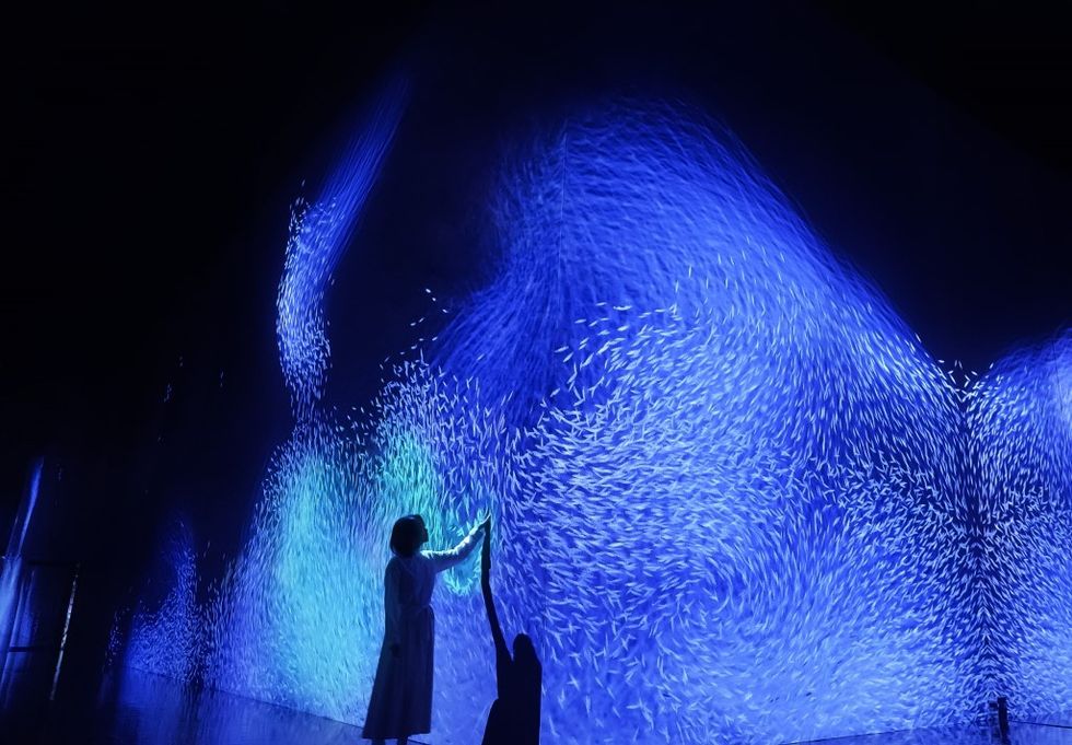 Person interacts with swirling blue digital display in dark room in \u200bteamLab's The Way of the Sea: Flying Beyond Borders