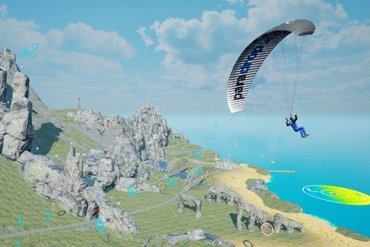 Person paragliding over rocky cliffs in ParadopVR by a blue ocean under a bright sky.
