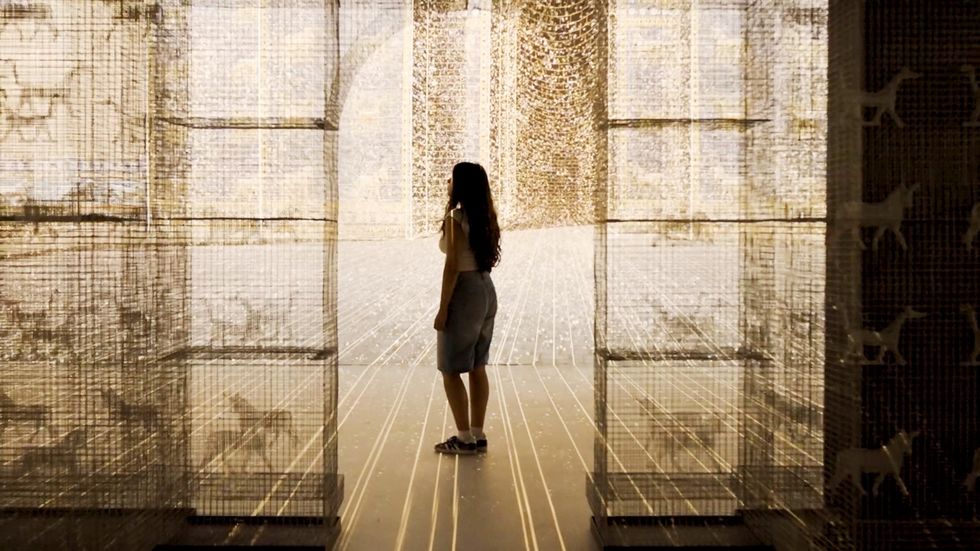 Person stands in illuminated room in the Timewalk exhibition, with sheer, patterned walls and floor designs