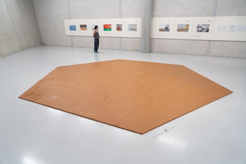 Person viewing a brown hexagonal peanut butter art piece in a gallery with framed pictures on the wall.