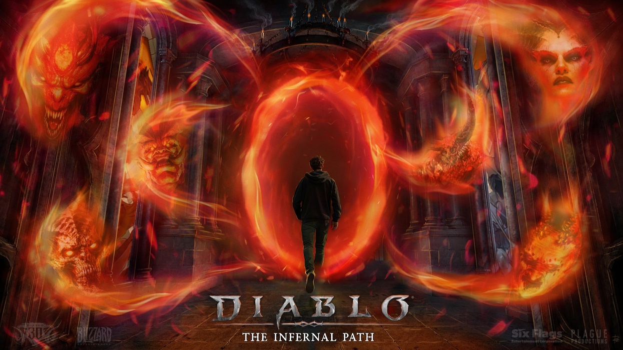 Person walking towards fiery portal surrounded by demonic faces, titled "Diablo: The Infernal Path".
