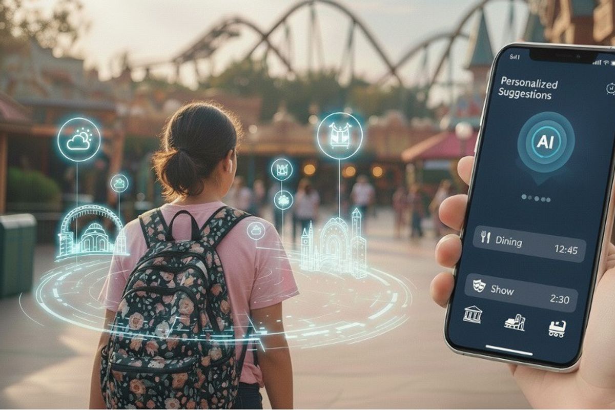 Person with backpack in a theme park, holding a phone showing generative AI suggestions for the guest journey