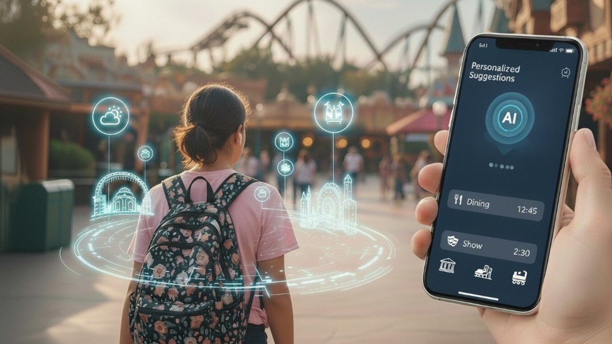 Person with backpack in a theme park, holding a phone showing generative AI suggestions for the guest journey