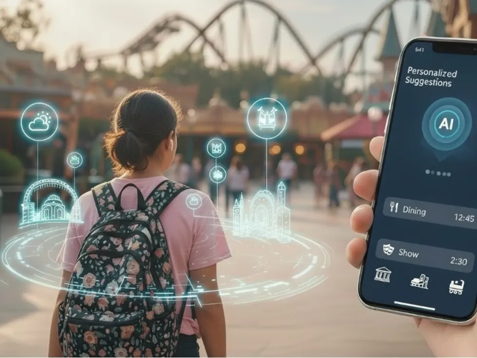 Person with backpack in park, AI phone app shows personalized suggestions.