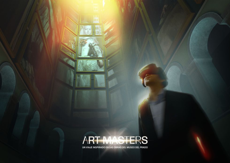 Person with VR headset in an art gallery, sunlight illuminating paintings.