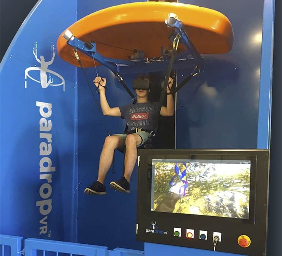 Person with VR headset on using Simworx Paradrop VR