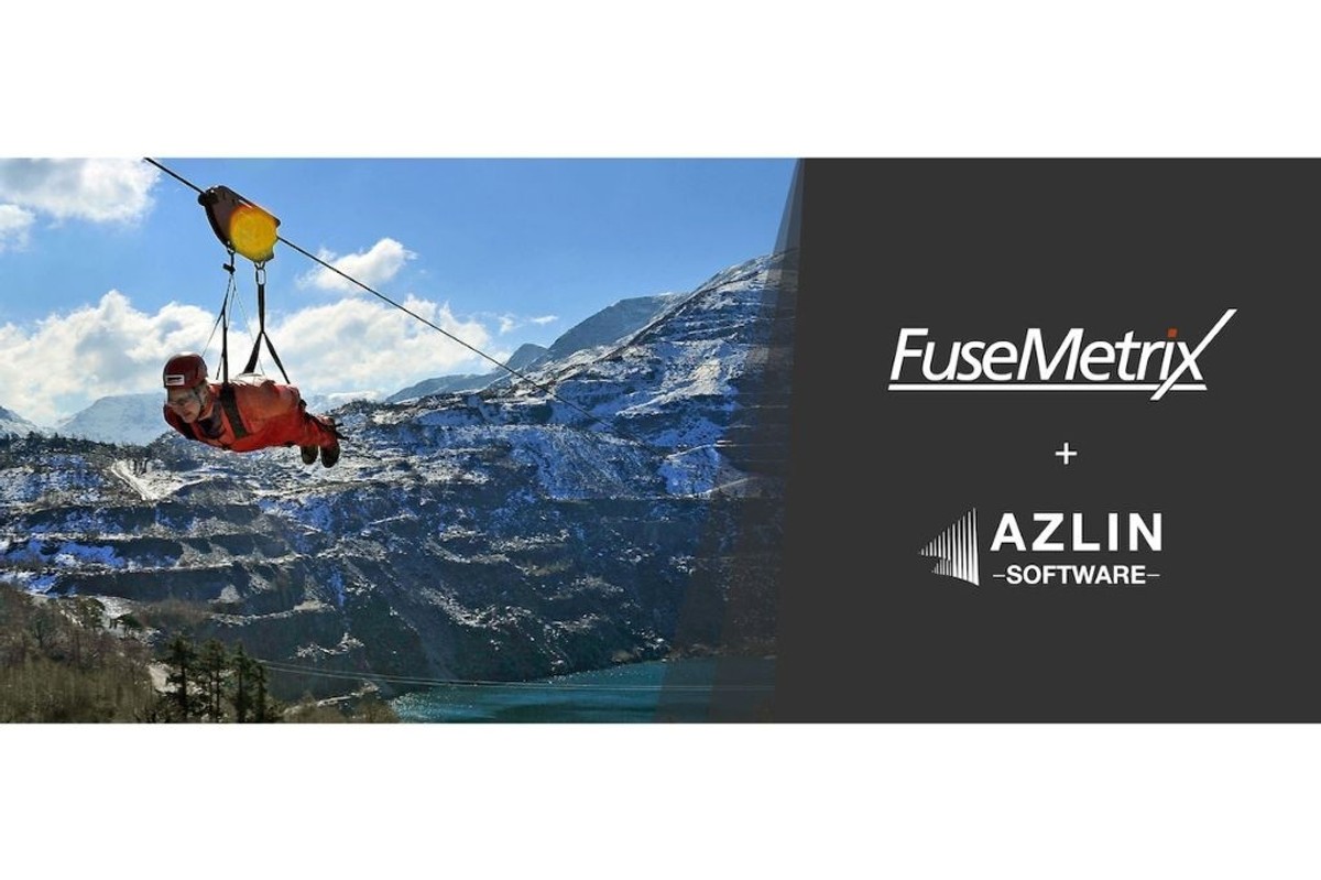 Person zip-lining over mountains; FuseMetrix and Azlin Software logos on the side.