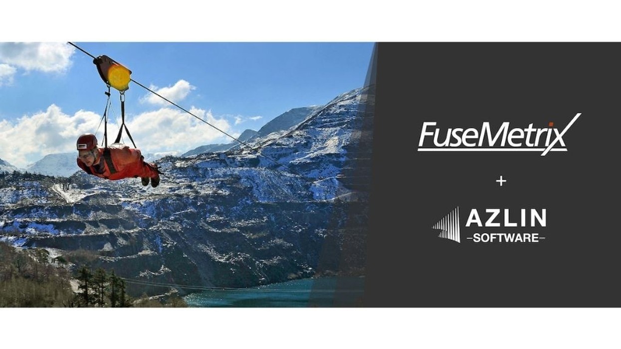 Person zip-lining over mountains; FuseMetrix and Azlin Software logos on the side.