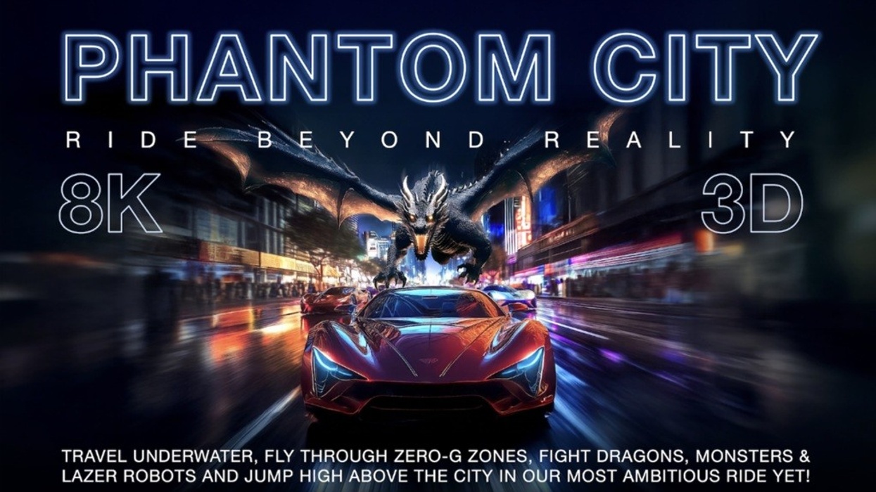 "Phantom City 8K 3D poster with a car and dragon on a city street."