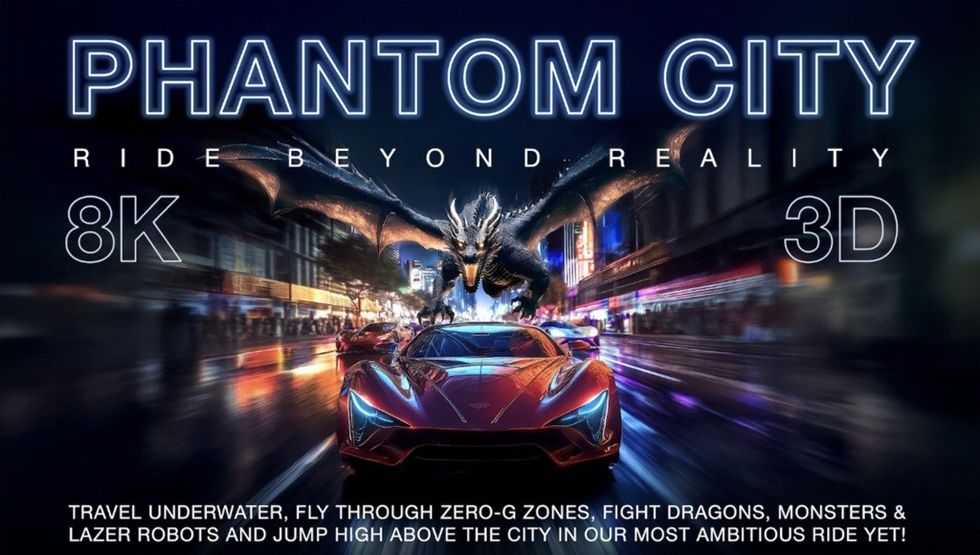 "Phantom City 8K 3D poster with a car and dragon on a city street."