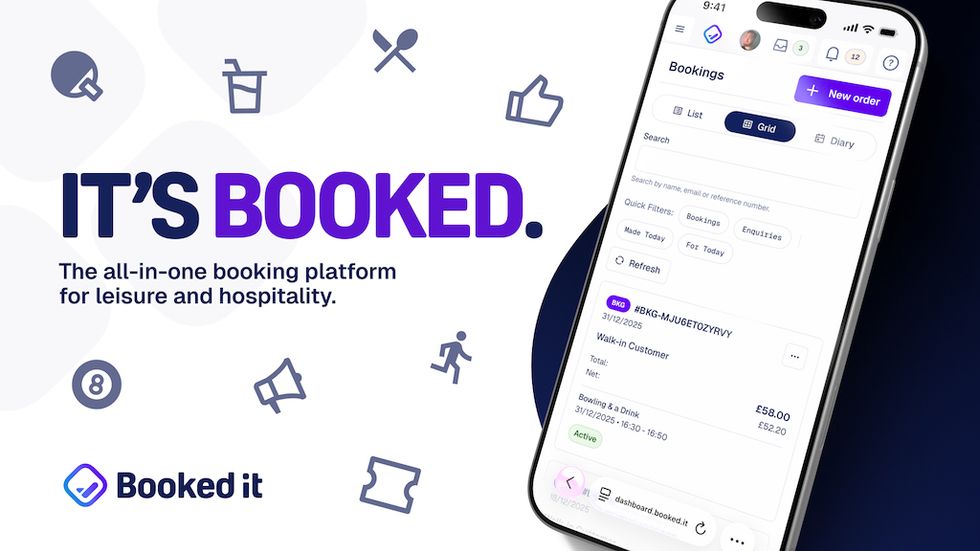 Phone displaying booking app interface with slogan: "It's Booked. The all-in-one booking platform."