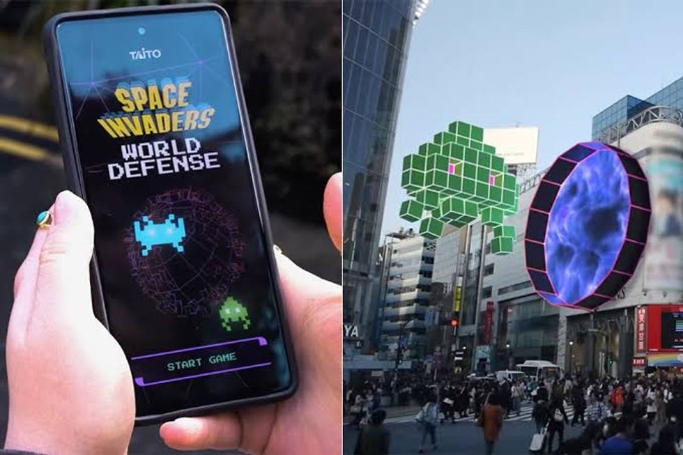 Phone showing "Space Invaders" game; city street with digital alien and portal display.