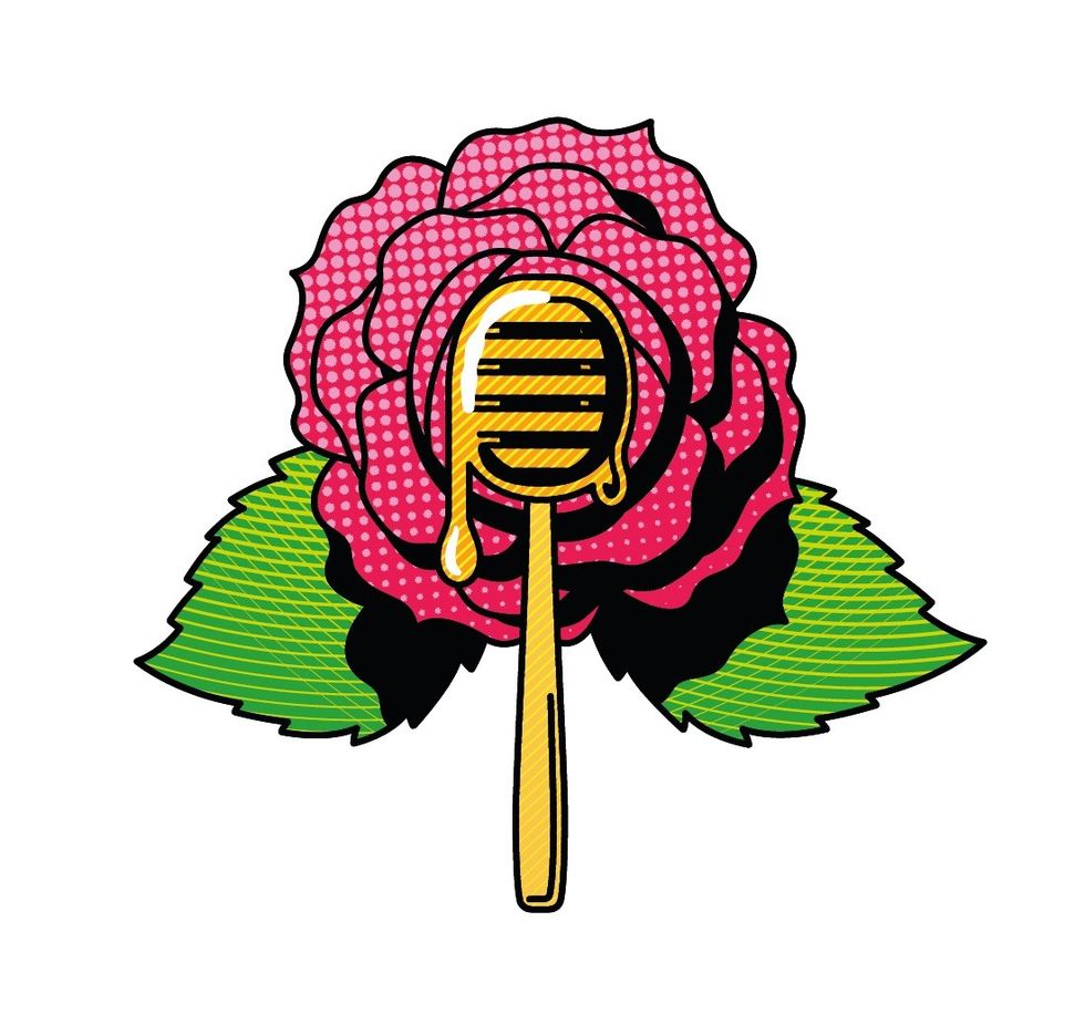Pink pop art rose with honey dipper and green leaves.