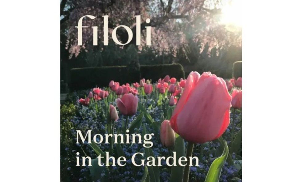 Pink tulips in sunlight, text: "Filoli, Morning in the Garden".