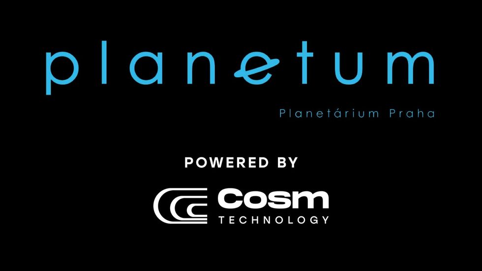 "Planetum Planet\u00e1rium Praha logo, powered by Cosm Technology, on a black background."