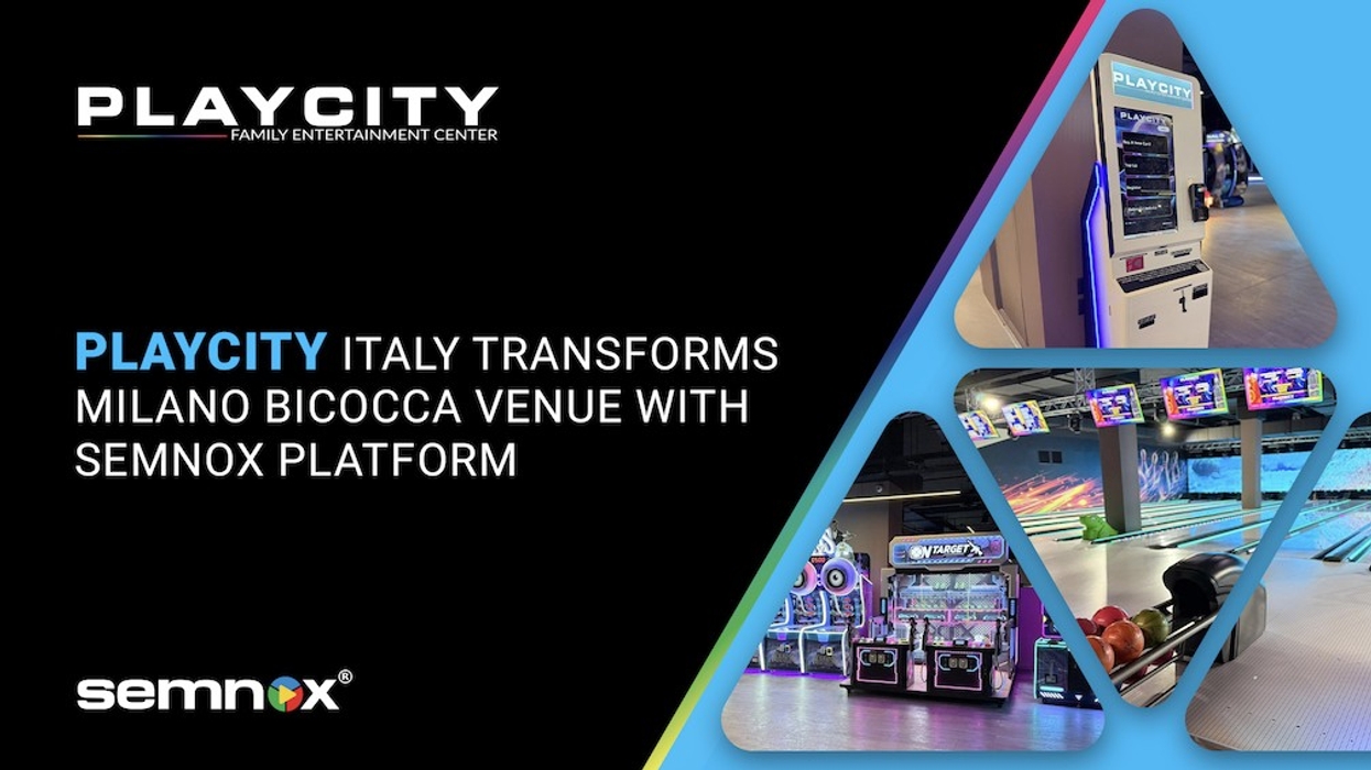 Playcity Italy upgrades Milano venue with Semnox; arcade and bowling images displayed.