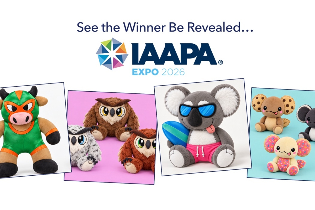 Plush toys displayed under "See the Winner Be Revealed" at IAAPA Expo 2026 banner.