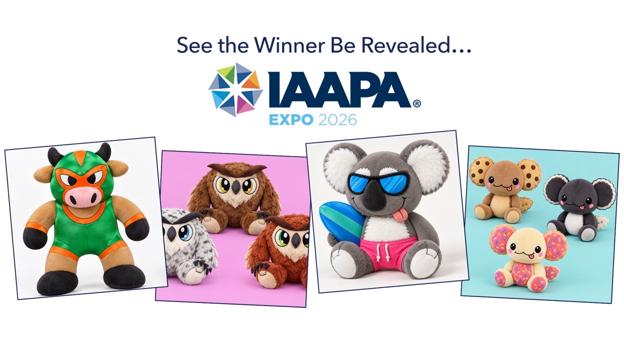 Plush toys displayed under "See the Winner Be Revealed" at IAAPA Expo 2026 banner.