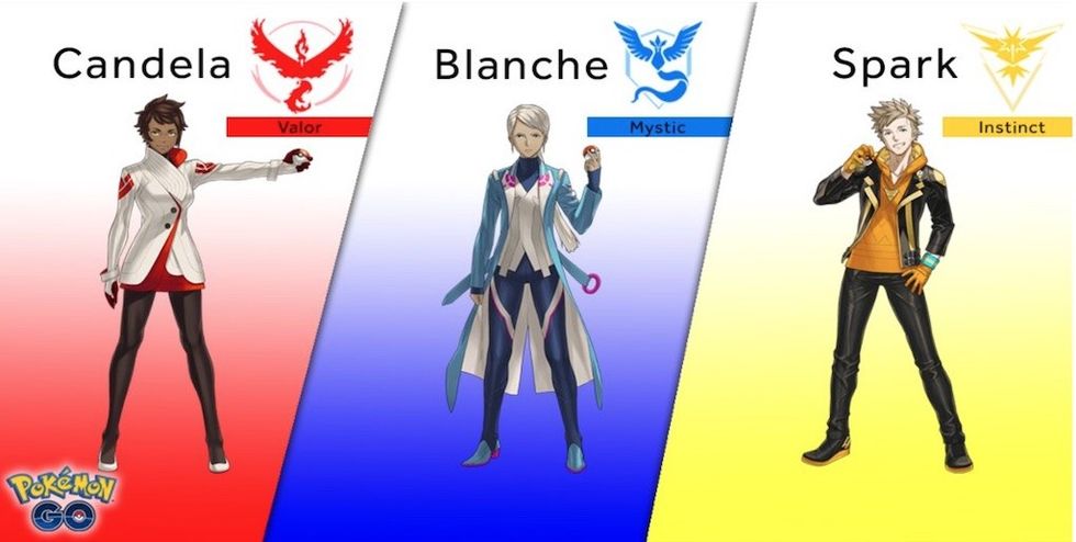 Pok\u00e9mon Go team leaders: Candela (Valor), Blanche (Mystic), and Spark (Instinct).