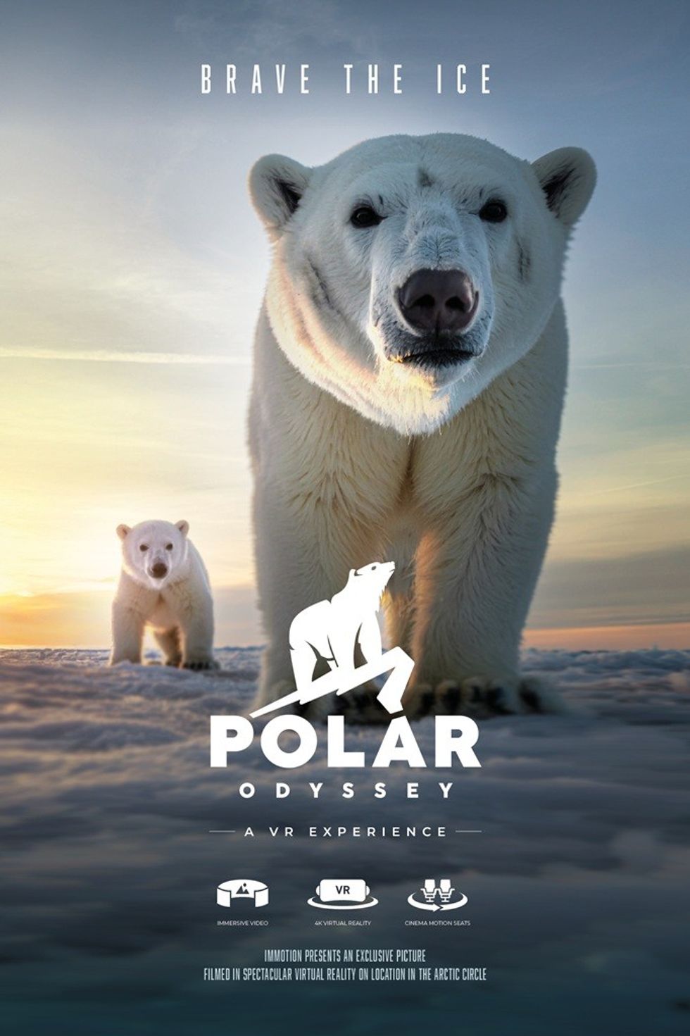 Polar bears on icy terrain; text: "Brave the Ice" and "Polar Odyssey: A VR Experience."