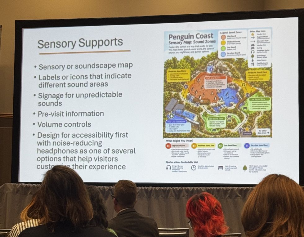 Presentation slide on sensory supports with a sound zone map titled "Penguin Coast".