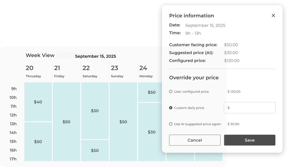 Pricing interface with calendar and price override options for September 15, 2025.