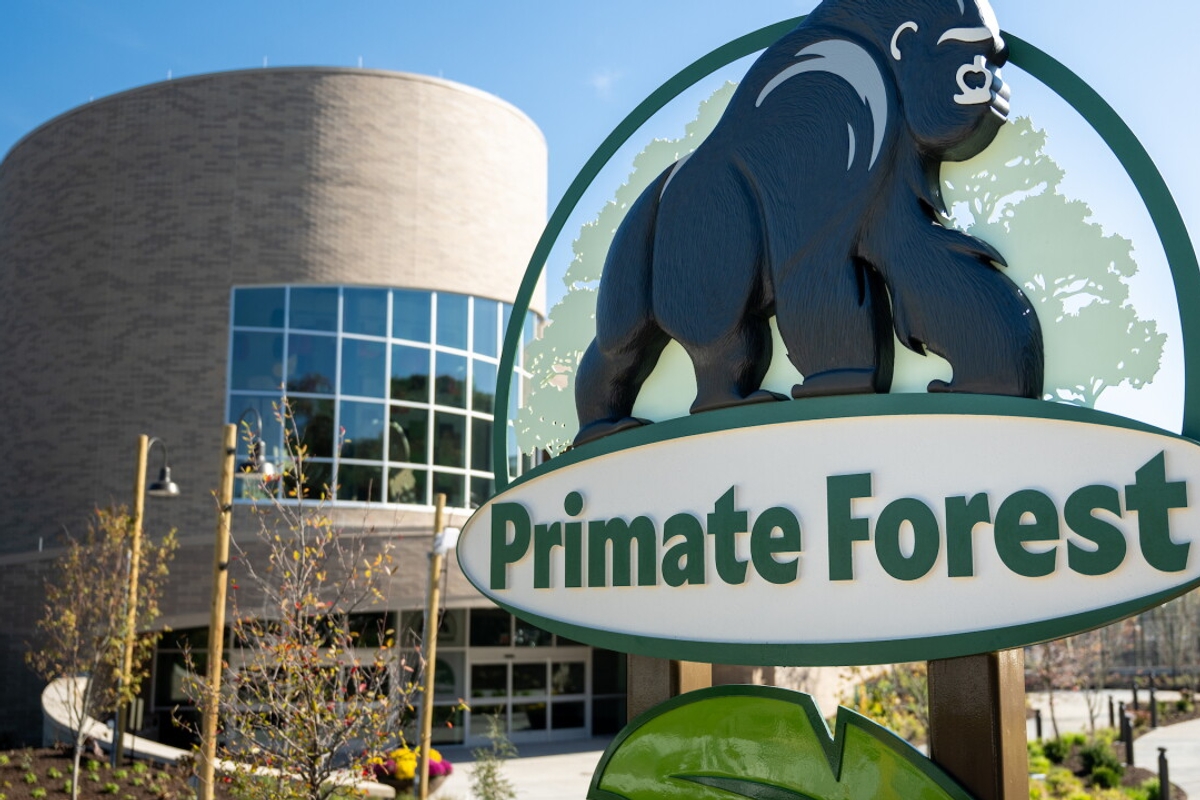 Primate Forest entrance sign with building and trees in background at Cleveland Metroparks Zoo