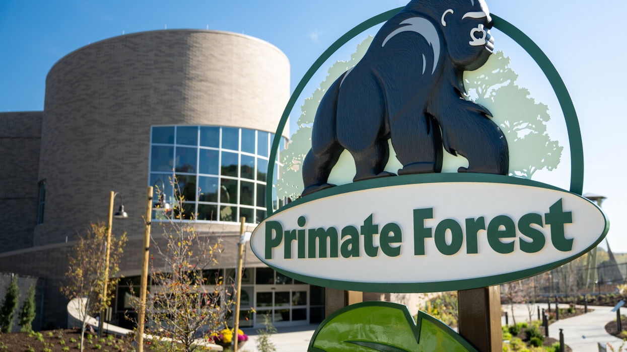Primate Forest entrance sign with building and trees in background at Cleveland Metroparks Zoo